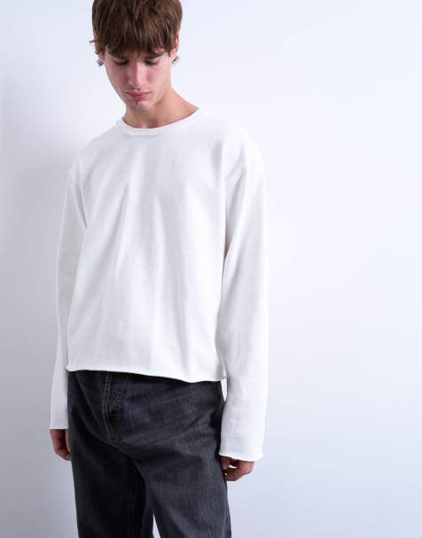 Topman long sleeved heavy weight slub raw edge tee in white - view 1