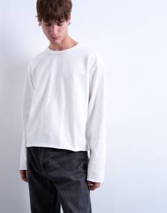 Long sleeved heavy weight slub raw edge tee in white
