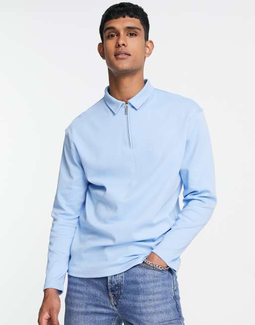 Topman long sleeved jersey zip polo in blue | ASOS