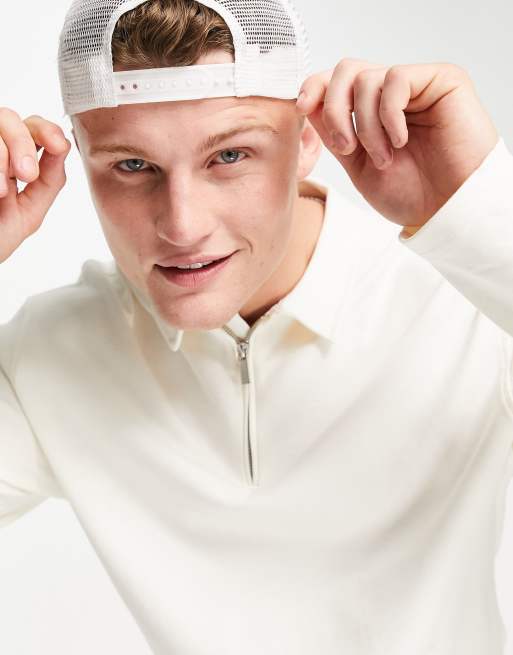 Topman long sleeved jersey zip polo in ecru | ASOS