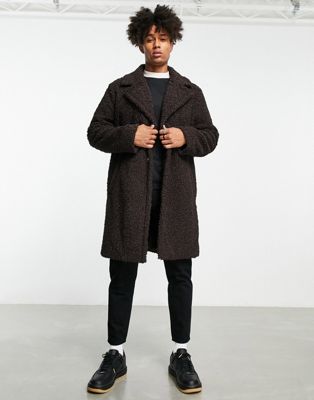 Topman longline borg overcoat in brown - ASOS Price Checker