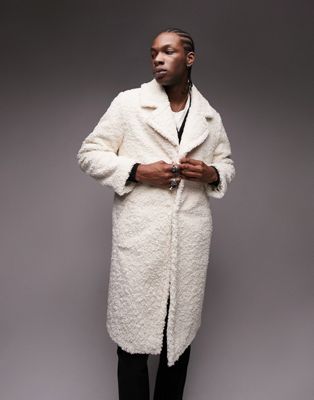 Topman longline borg overcoat in ecru - ASOS Price Checker