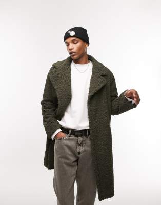 Topman Longline Borg Overcoat In Sage Green ModeSens