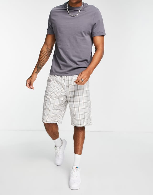 Topman longline check shorts in gray and brown