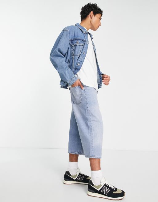 Mid Blue Wash Longline Fitted Denim Shorts