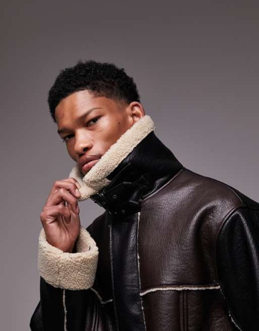 Topman longline faux shearling coat in black