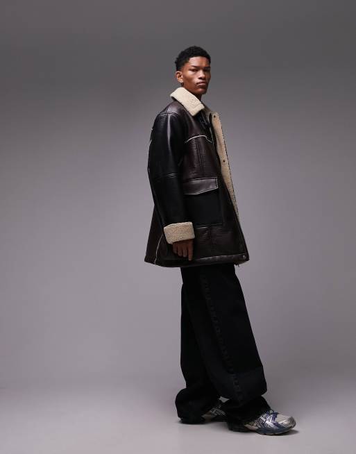 Topman longline faux shearling coat in black