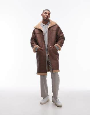 longline faux shearling jacket in brown