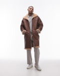[Topman] Topman longline faux shearling jacket in brown M Brown