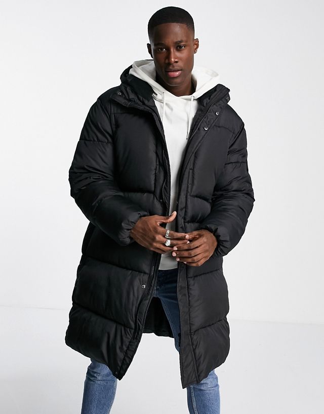 Topman longline puffer jacket with hood in black
