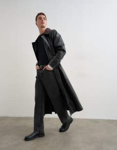 Model wearing Longline real leather trench jacket in black