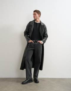 Model wearing Longline real leather trench jacket in black