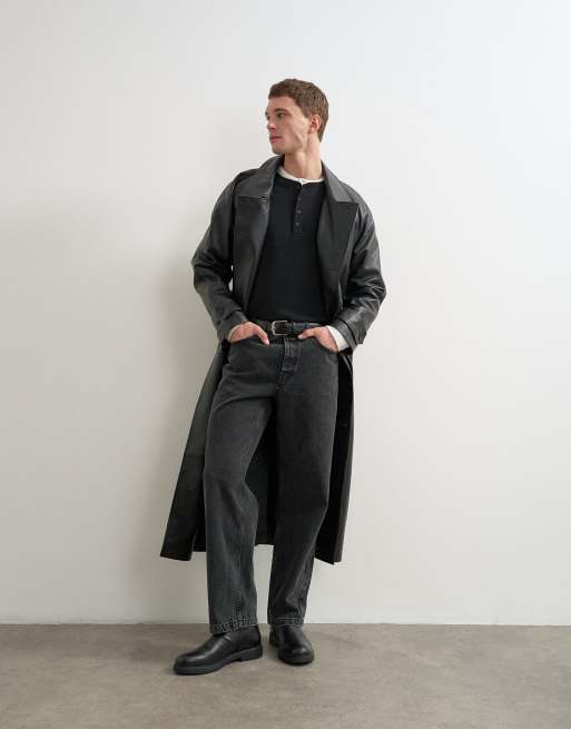 Topman longline real leather trench jacket in black, 2 of 5