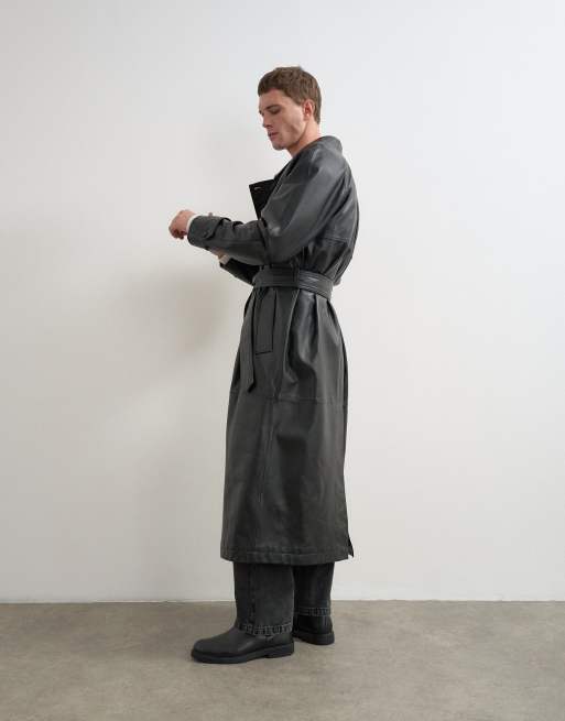 Topman longline real leather trench jacket in black, 3 of 5