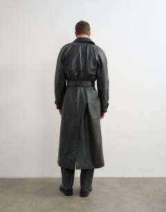 Model wearing Longline real leather trench jacket in black