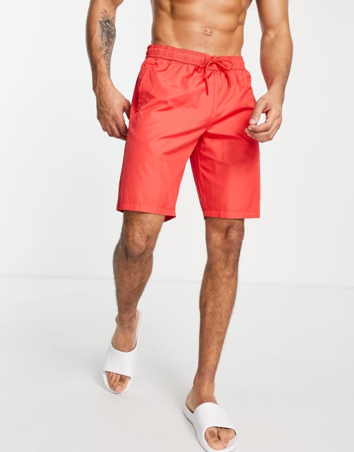 Topman longline swim shorts in red ASOS