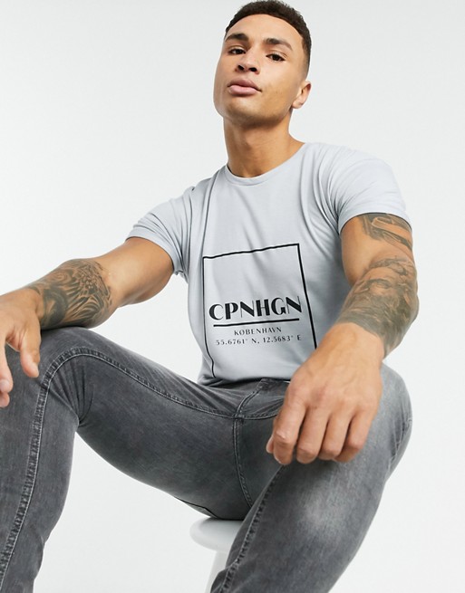 Topman longline t-shirt with Copenhagen print in grey