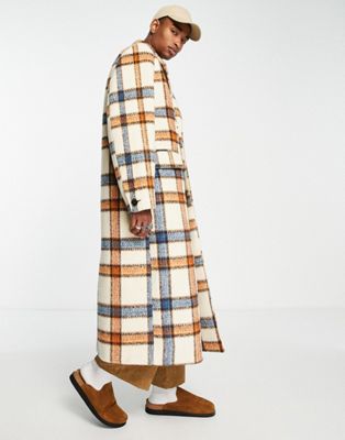 Topman longline wool coat in multi check