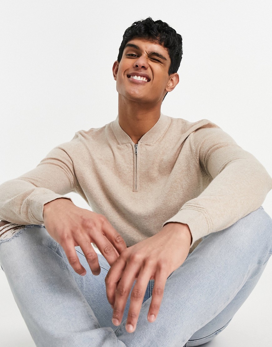 Topman longsleeve knitted jumper with angled zip in stone-Neutral
