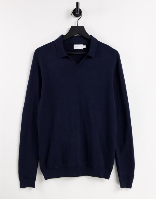 Topman longsleeve open collar knitted polo in navy