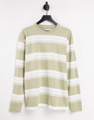 Topman long sleeve oversized fit t-shirt with horizontal stripe in stone