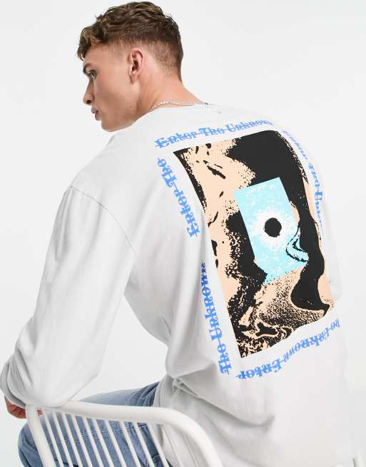 Topman longsleeve oversized t-shirt with front and back enter the unknown print in grey