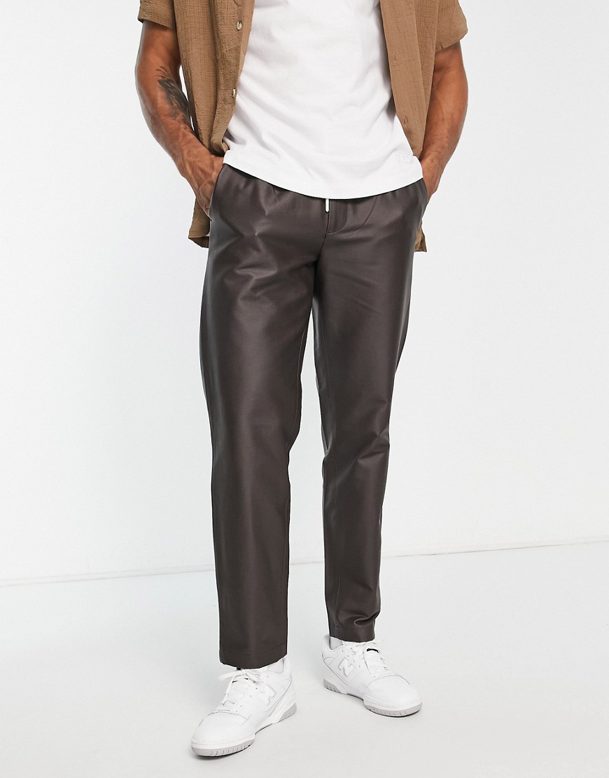 Topman loose faux leather trousers in brown