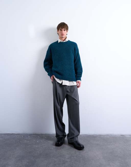 Topman loose knit crew sweater in dark blue