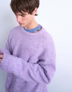 Model wearing Loose knit crew jumper in purple