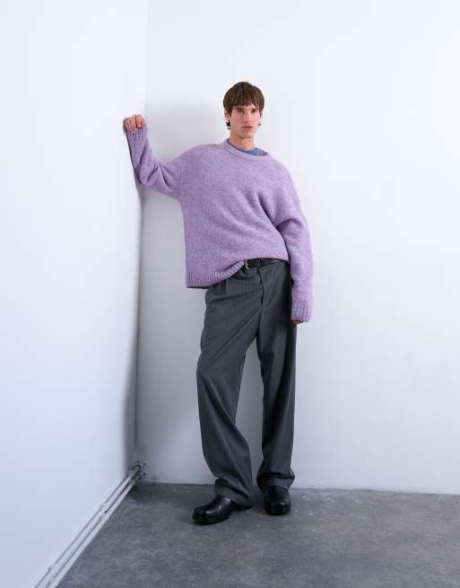 Topman loose knit crew jumper in purple, 3 of 5