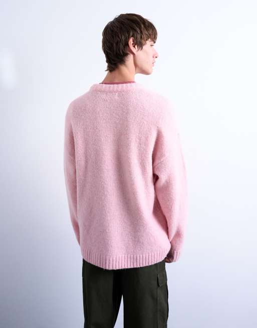 Topman loose knit crew neck sweater in pink