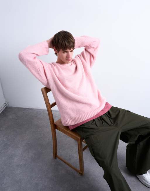 Topman loose knit crew neck sweater in pink