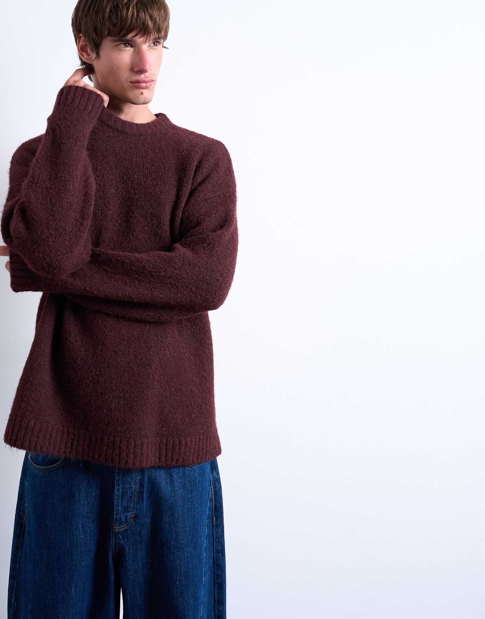 Круглый свитер свободной вязки Topman бордового цвета
