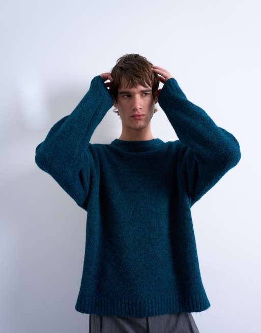 Topman loose knit crew sweater in dark blue