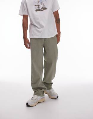 Topman Loose Twill Pants In Khaki-green