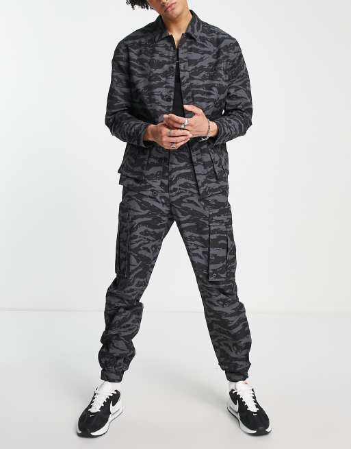 Topman loose with all over animal print cargo trousers in charcoal