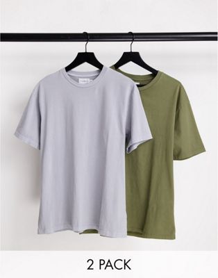 Homme Topman - Lot de 2 t-shirts oversize - Kaki délavé et gris délavé