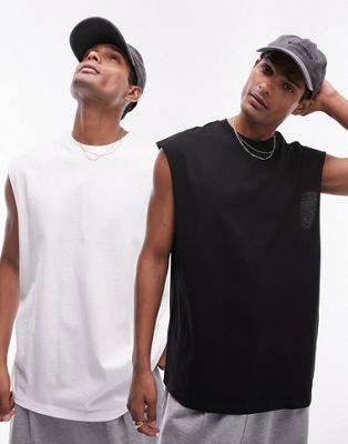 Topman 2 pack oversized fit sleeveless t-shirt in black and white - ASOS Price Checker