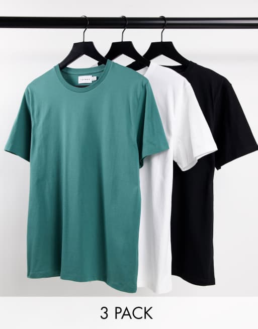 Topman - Lot de 3 t-shirts classiques en coton - Blanc, noir et vert - MULTI