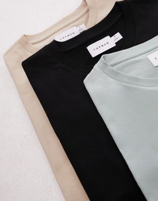 Topman 3 pack classic fit t-shirt in black, stone and sage - ASOS Price Checker