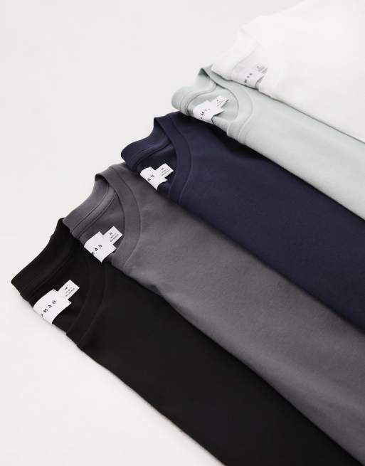 Topman - Lot de 5 t-shirts classiques - Noir, blanc, bleu marine, anthracite et sauge