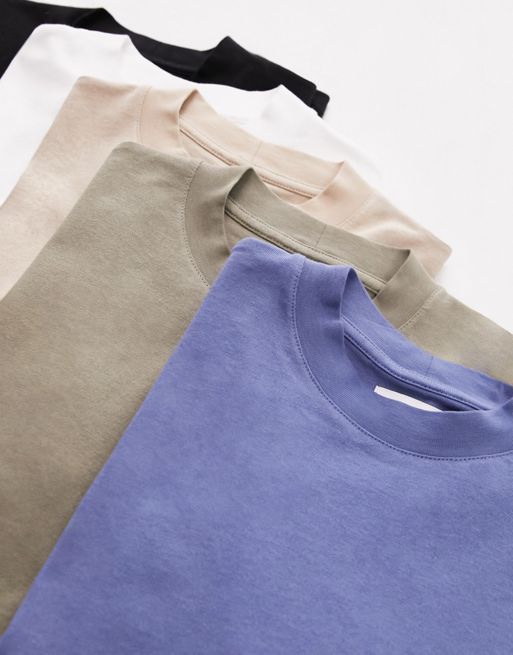 Topman - Lot de 5 t-shirts oversize - Noir/blanc/bleu/kaki/taupe