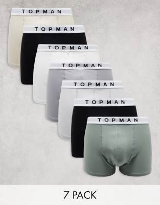 Topman - Lot de 7 boxers - Noir, blanc, gris, gris clair, taupe et vert avec taille blanche