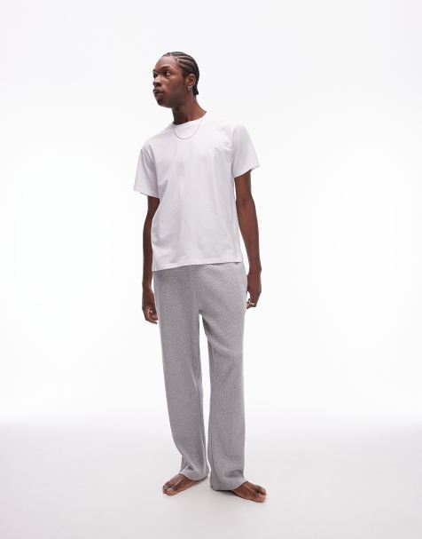 Topman lounge straight leg waffle jogger in light grey and plain white lounge t-shirt multipack