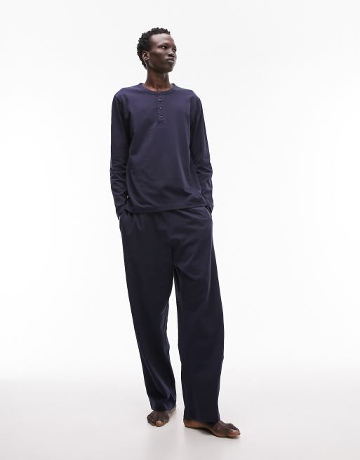 Topman - Loungeset met henley T-shirt met lange mouwen en joggingbroek in marineblauw