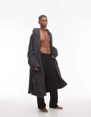 Topman Topman loungewear fluffy dressing gown in light charcoal-Grey