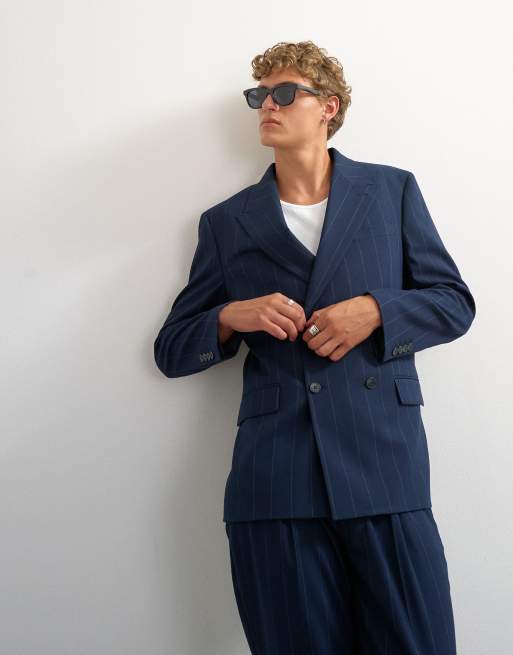 Topman – Granatowy luźny garnitur dwurzędowy w prążki, 2 z 3