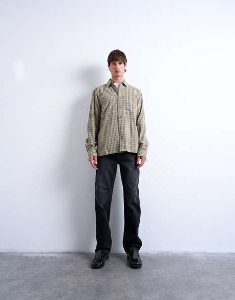 Topman long sleeve relaxed grid check shirt in khaki