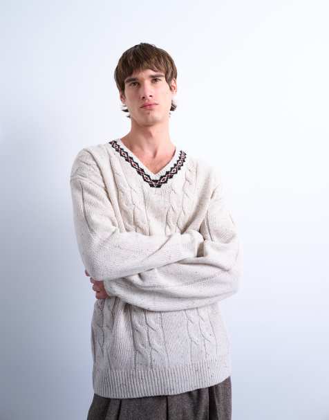 Topman relaxed fit cable knitted v-neck jumper with fairisle trim in ecru