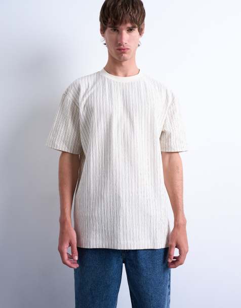 Topman – Luźny T-shirt w kolorze ecru w drobne prążki - view 1